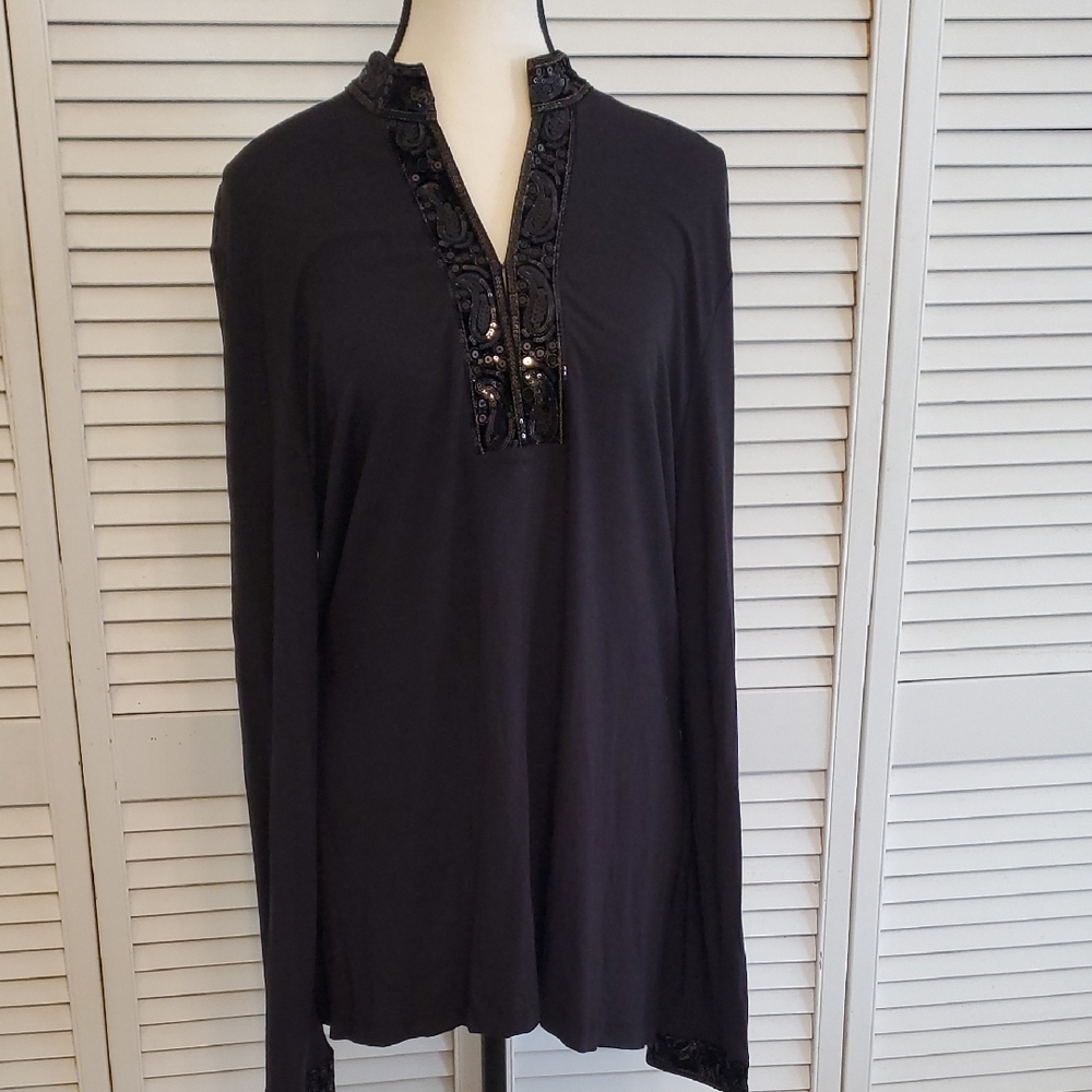 Talbots Black Long-sleeved Sequin Embellished Evening Tunic Top, Size Large
